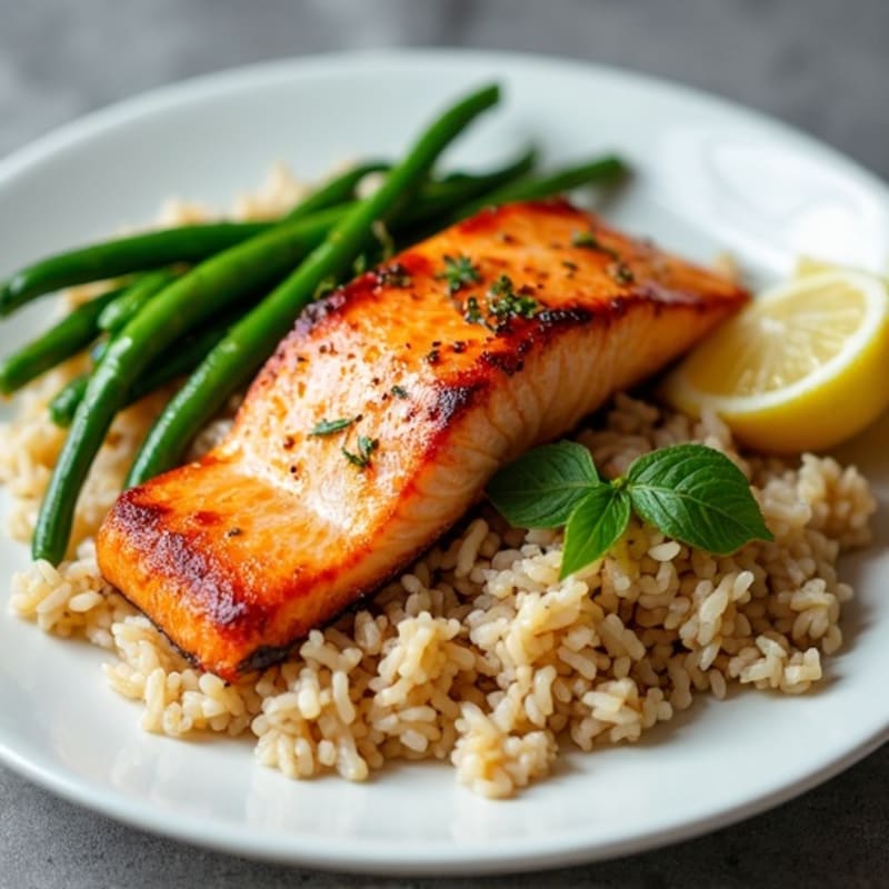 Seared Salmon with Garlic Green Beans and Brown Rice