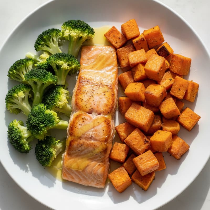 Seared Salmon with Roasted Sweet Potato and Steamed Broccoli