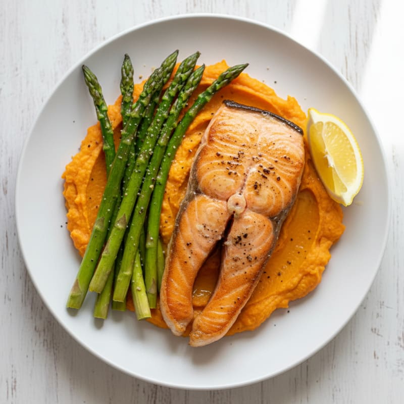 Seared Salmon Fillet with Roasted Asparagus and Sweet Potato Mash