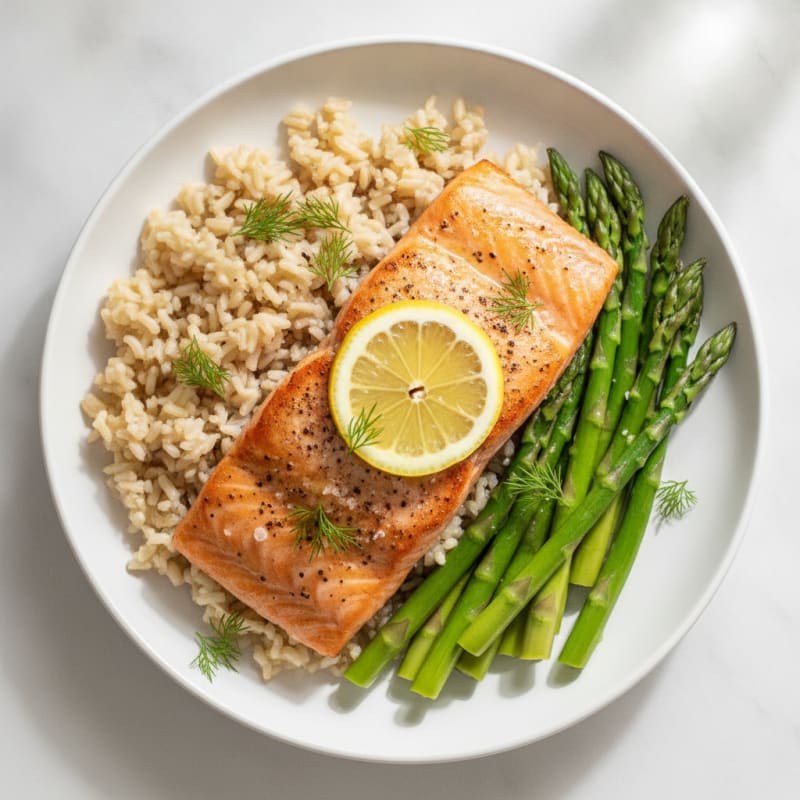 Seared Salmon with Steamed Asparagus and Brown Rice