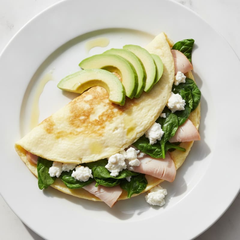 Egg White Spinach Omelette with Cottage Cheese and Sliced Turkey
