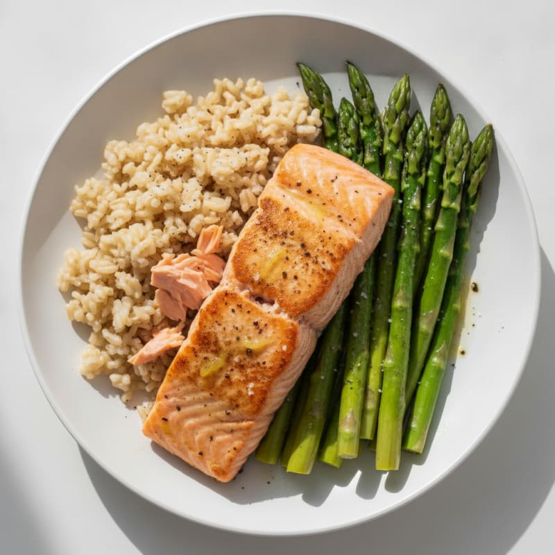 Seared Salmon with Steamed Asparagus and Brown Rice