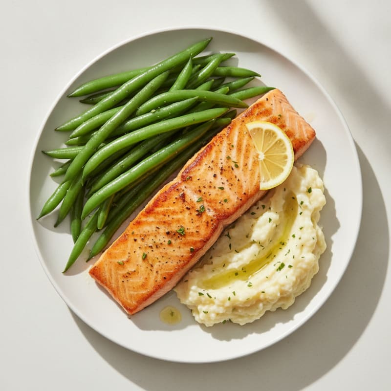 Seared Salmon with Steamed Green Beans and Garlic Mashed Cauliflower