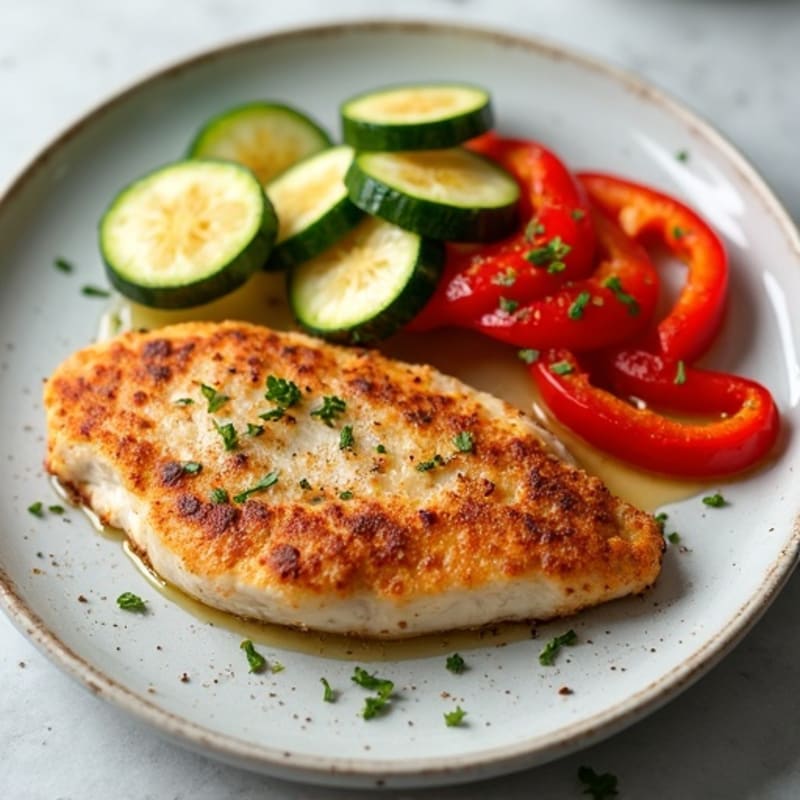Seared Turkey Cutlet with Roasted Zucchini and Bell Pepper
