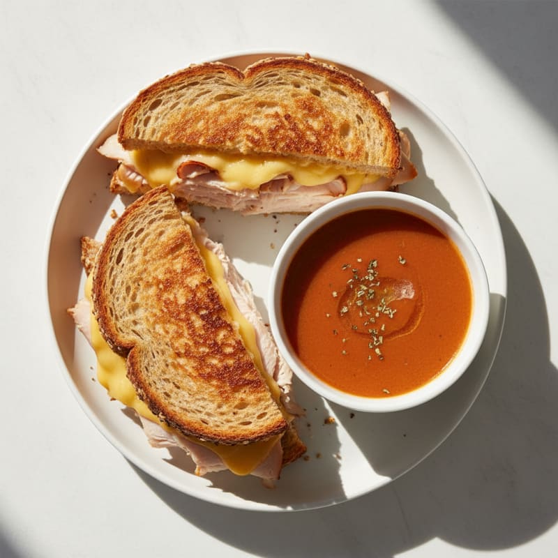 Triple-Decker Turkey & Sharp Cheddar Melt with Zesty Tomato Sipping Soup