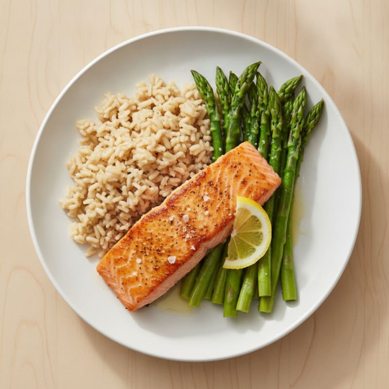 Seared Salmon with Steamed Asparagus and Brown Rice
