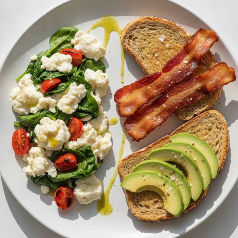 Crispy Turkey Bacon Egg White Scramble with Spinach and Tomatoes