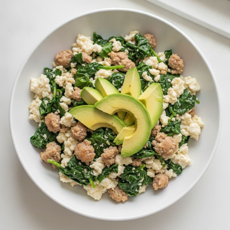 Egg White and Turkey Sausage Scramble with Sautéed Spinach