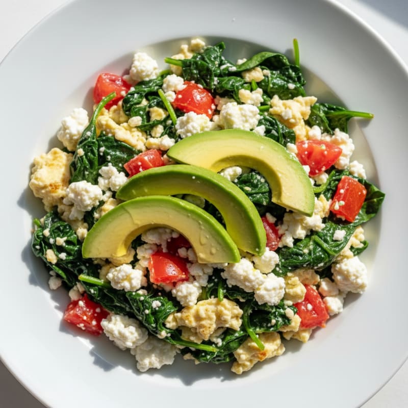 Egg White Spinach Scramble with Cottage Cheese and Fresh Tomatoes