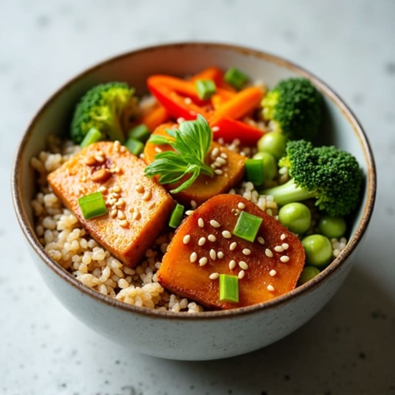Ginger-Sesame Brown Rice Bowl with Roasted Vegetables