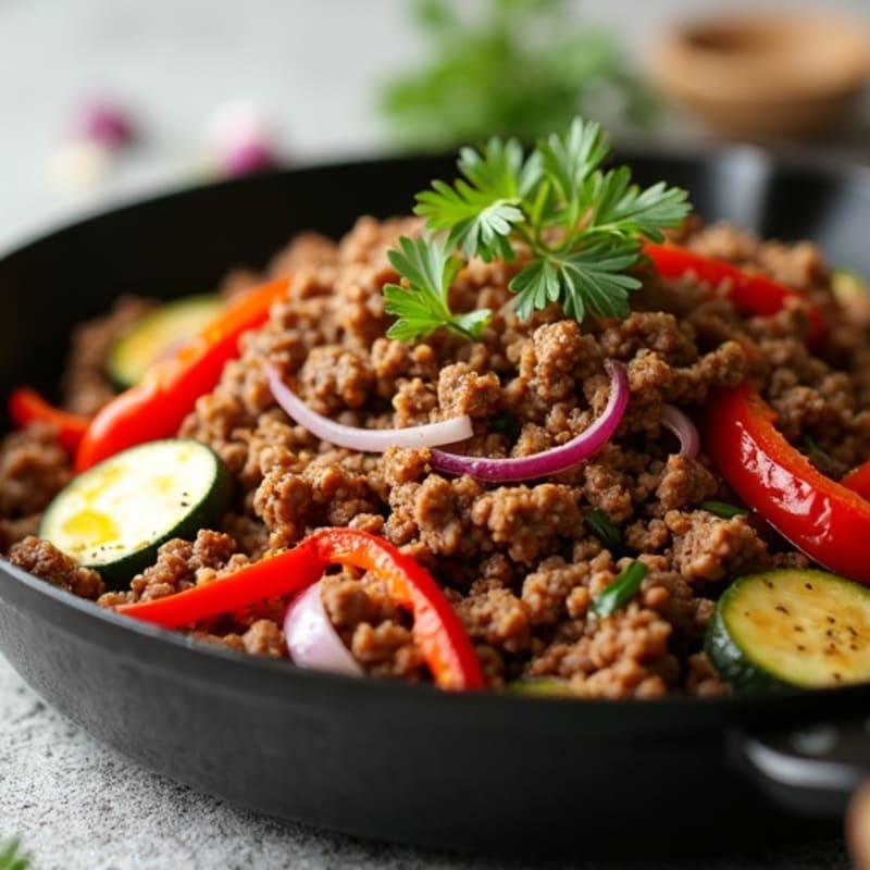 Lean Ground Beef and Roasted Vegetable Skillet