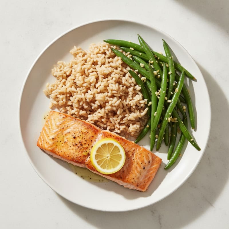 Seared Salmon Fillet with Garlic Green Beans and Brown Rice