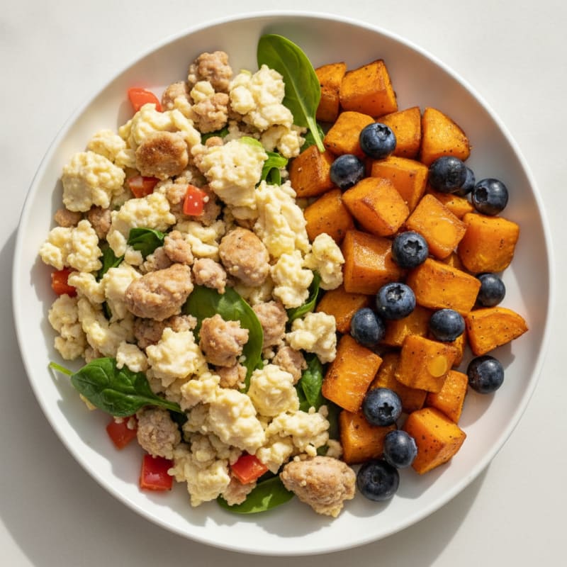 Egg White Scramble with Turkey Sausage and Roasted Sweet Potatoes