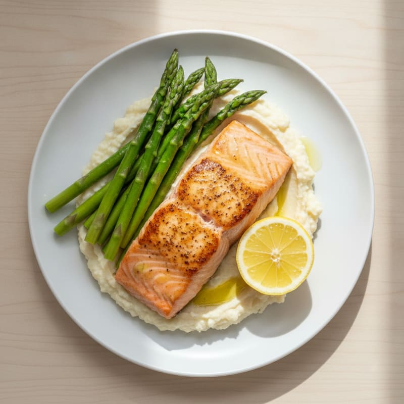 Seared Salmon Fillet with Steamed Asparagus and Cauliflower Mash