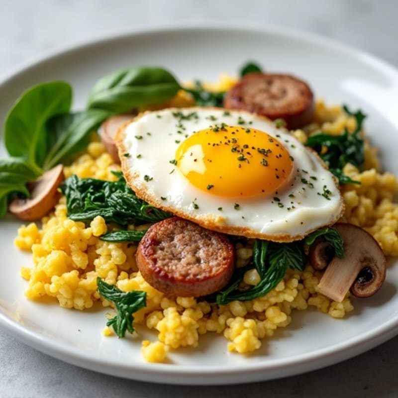 Egg White and Turkey Sausage Scramble with Spinach and Mushrooms