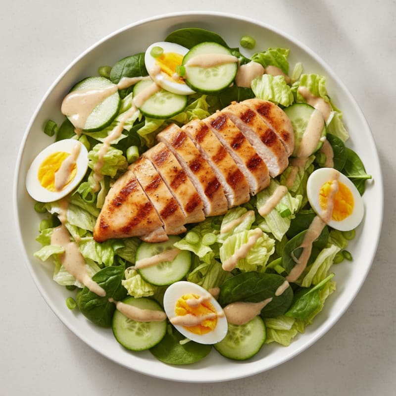 Grilled Chicken Breast and Iceberg Lettuce Salad with Garlic Cream Cheese Dressing