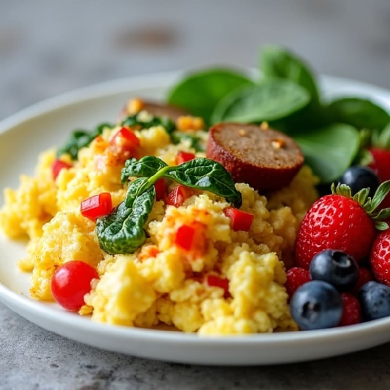 Egg White Vegetable Scramble with Chicken Sausage and Fresh Berries