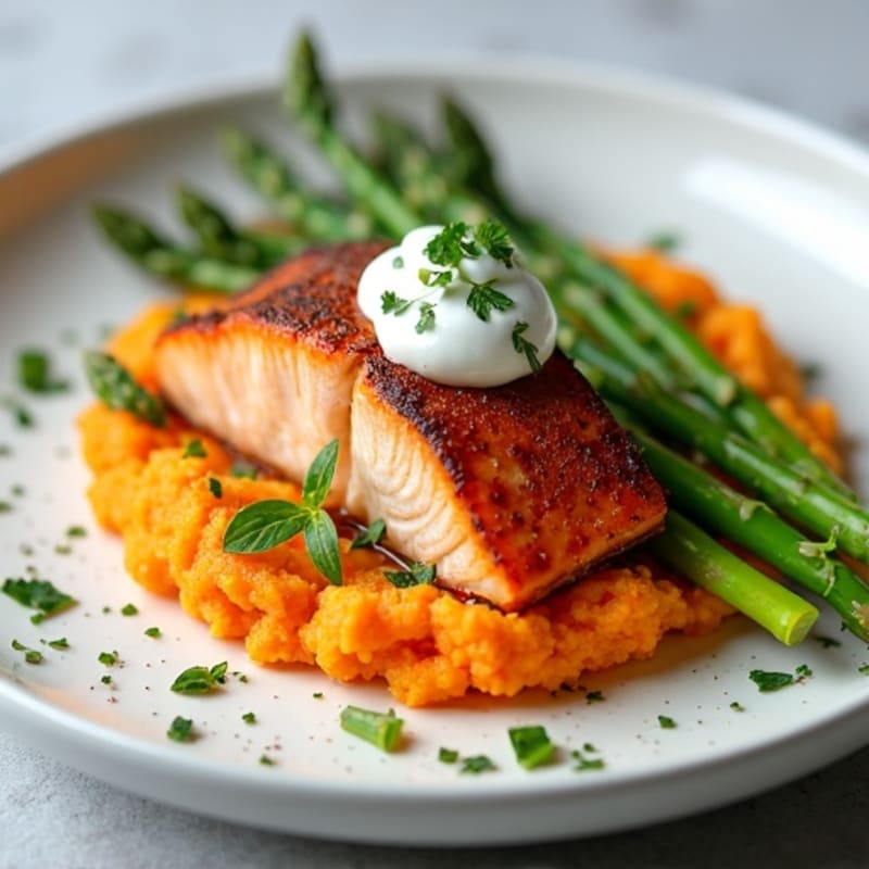 Seared Salmon with Steamed Asparagus and Sweet Potato Mash