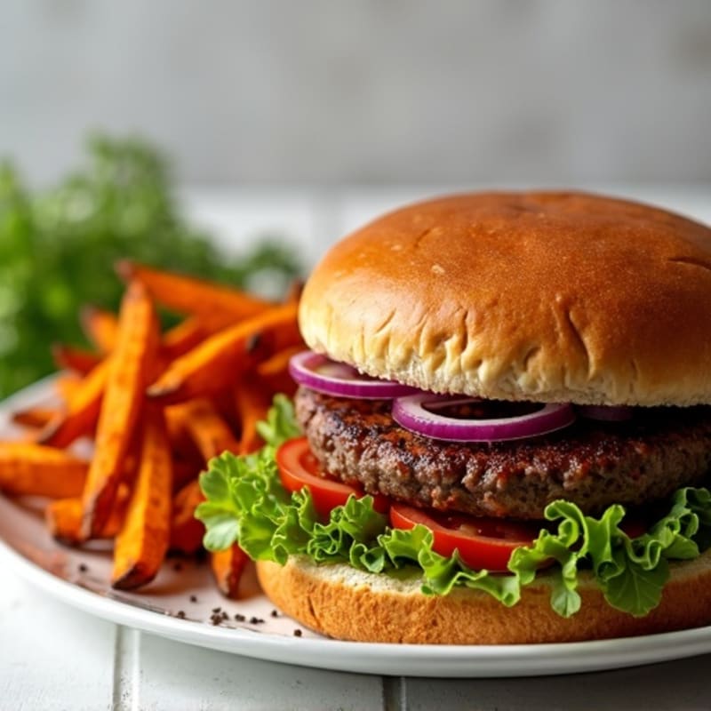 Lean Beef Burger with Crispy Baked Sweet Potato Fries
