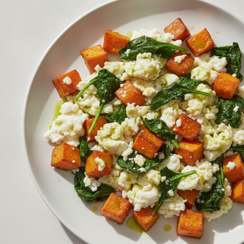 Scrambled Egg Whites with Roasted Sweet Potato and Sautéed Spinach
