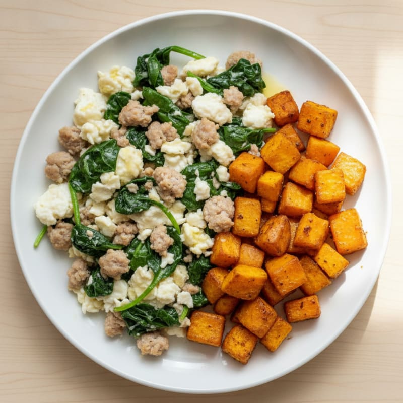 Egg White and Turkey Sausage Scramble with Spinach and Roasted Sweet Potato