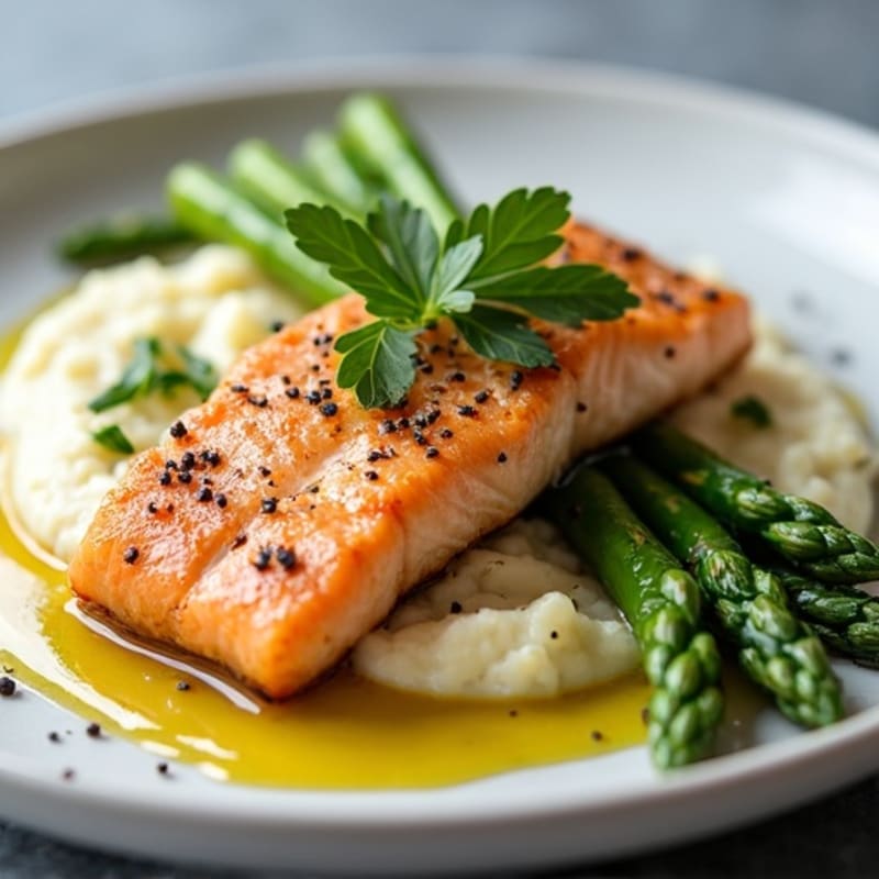 Seared Salmon Filet with Steamed Asparagus and Cauliflower Mash