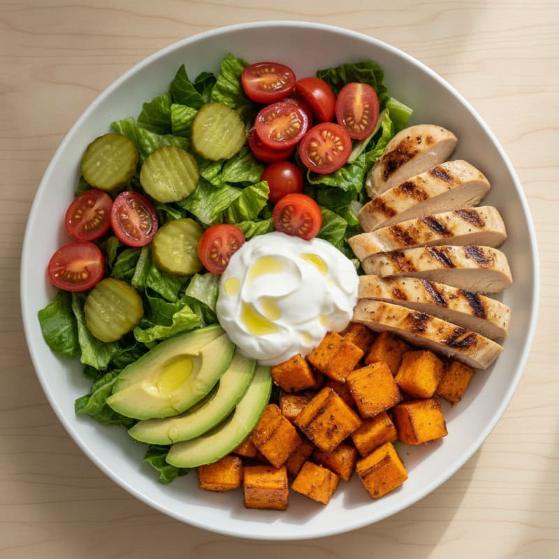 Grilled Chicken Burrito Bowl with Lettuce, Tomatoes, and Pickles