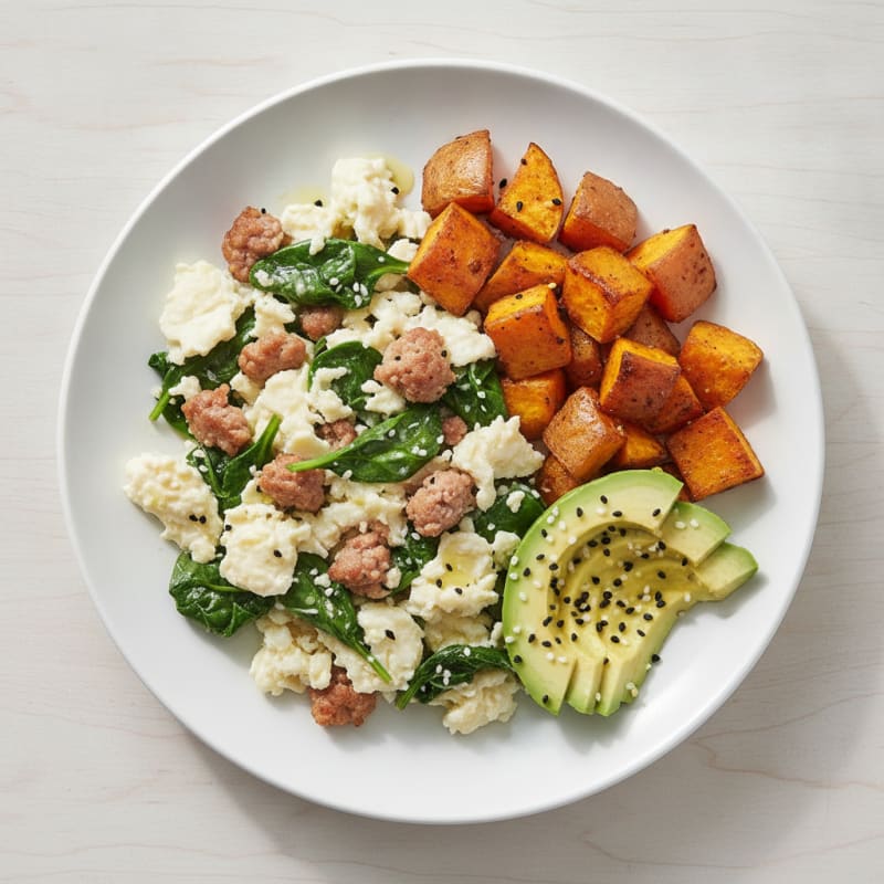 Egg White and Turkey Sausage Scramble with Spinach and Roasted Sweet Potatoes