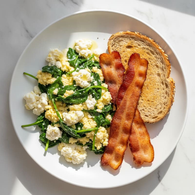 Cottage Cheese Egg Scramble with Sautéed Spinach and Turkey Bacon