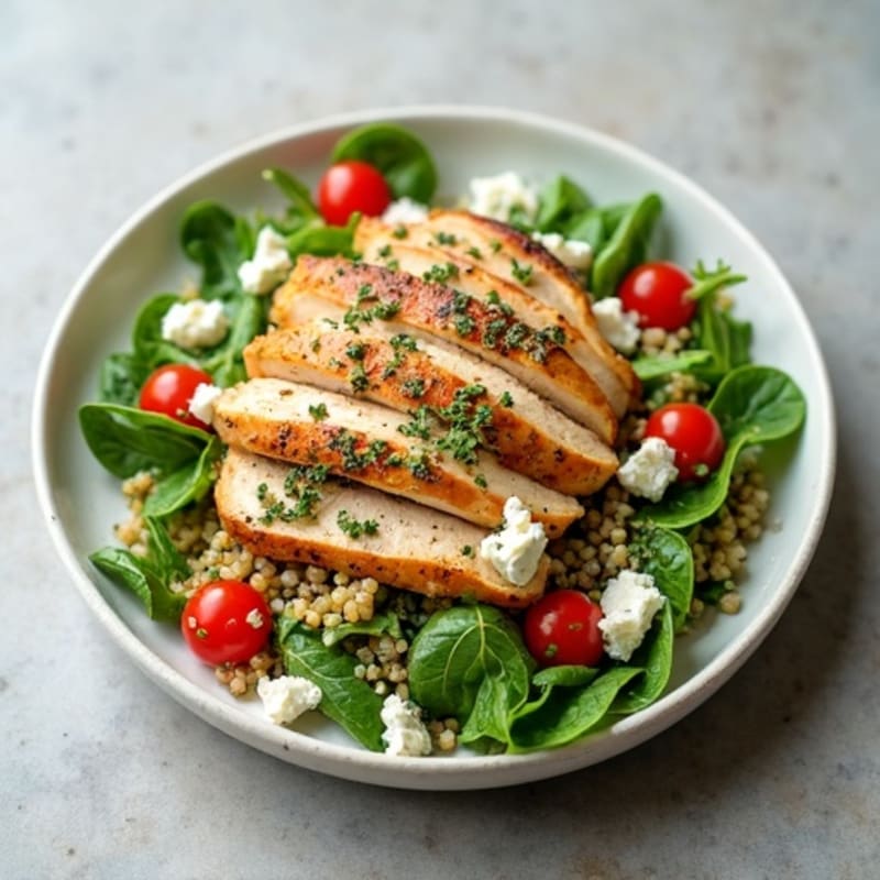 Herb-Roasted Chicken and Quinoa Salad with Fresh Greens and Creamy Feta Dressing