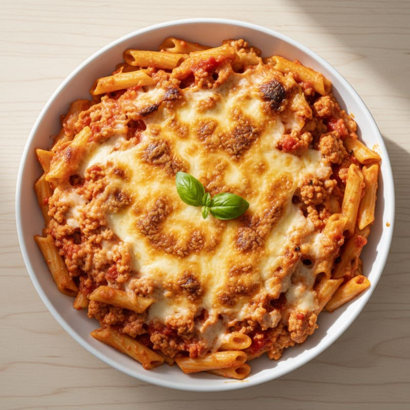 Creamy Baked Ziti with Golden Mozzarella Crust
