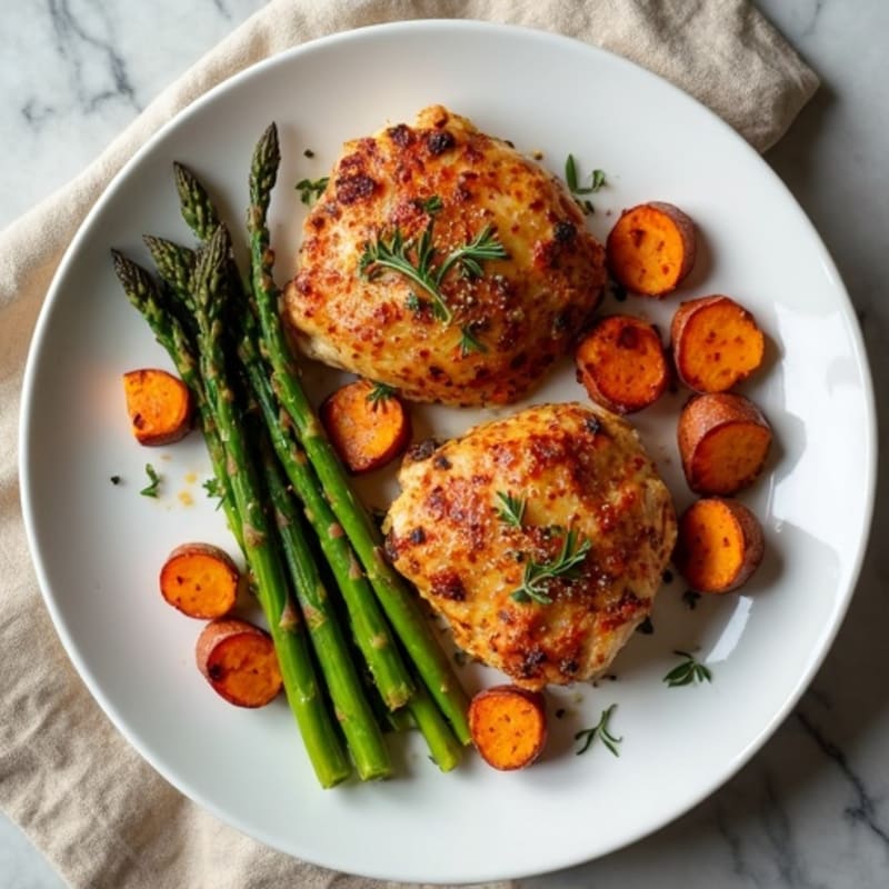 Crispy Herb-Roasted Chicken Thighs with Roasted Asparagus and Sweet Potatoes