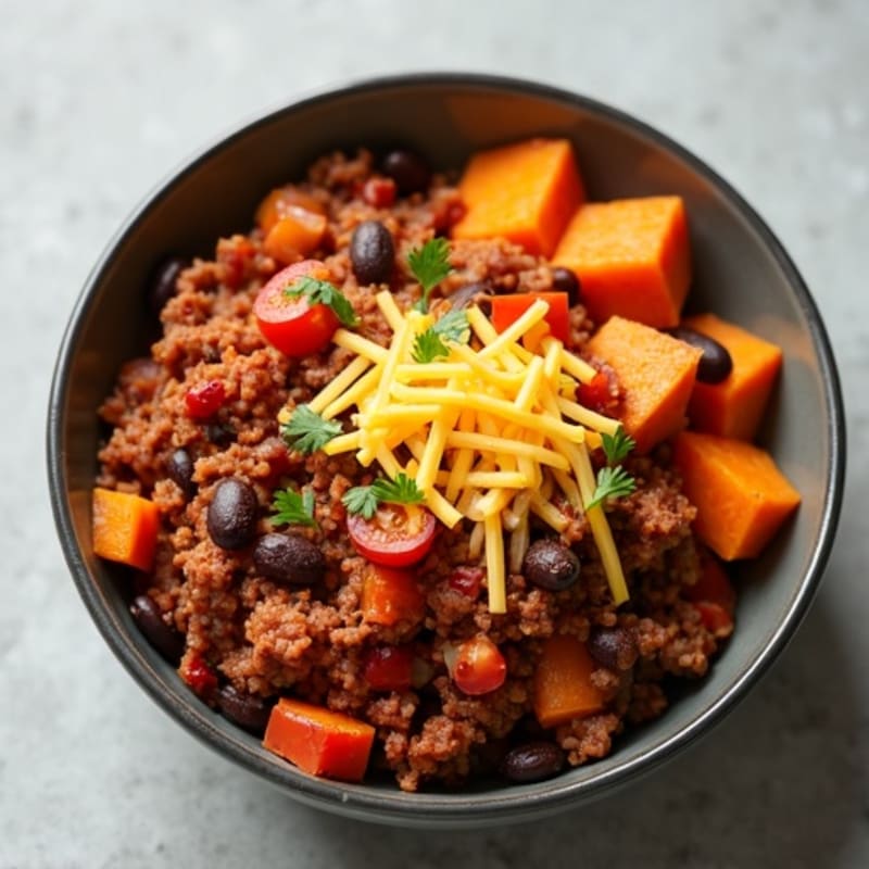 Lean Turkey Chili Bowl with Cheesy Roasted Sweet Potatoes
