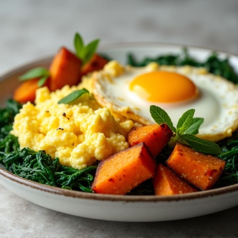 Fluffy Scrambled Eggs with Sautéed Spinach and Roasted Sweet Potatoes