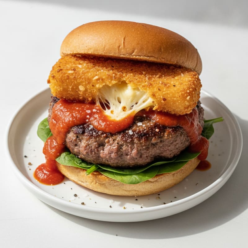 Mozzarella Stick Beef Burger with Marinara