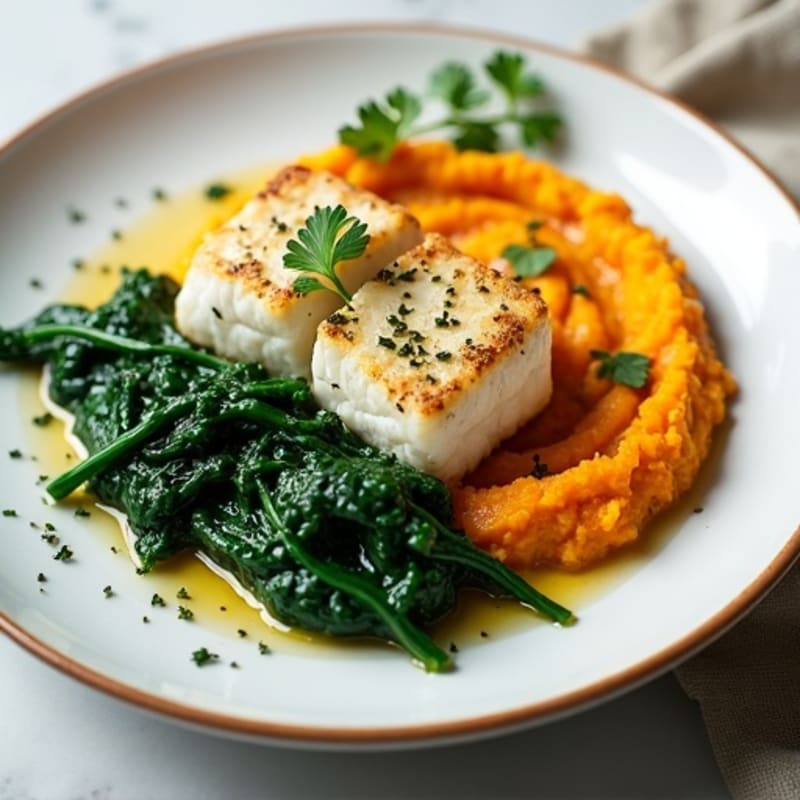 Herb-Baked Cod with Garlic Spinach and Sweet Potato Mash