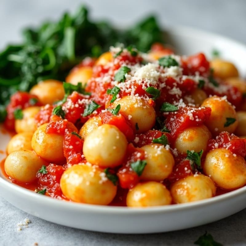 Pillowy Ricotta Gnocchi with Fresh Tomato Basil Sauce and Sautéed Spinach