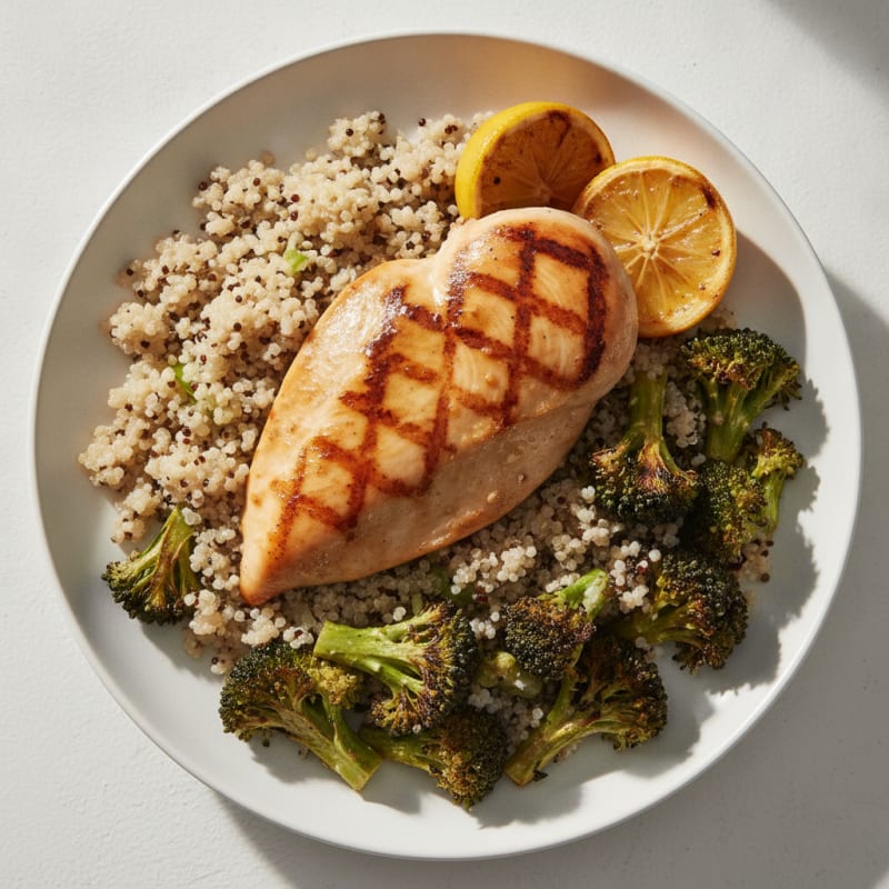 Grilled Chicken Breast with Quinoa and Roasted Broccoli
