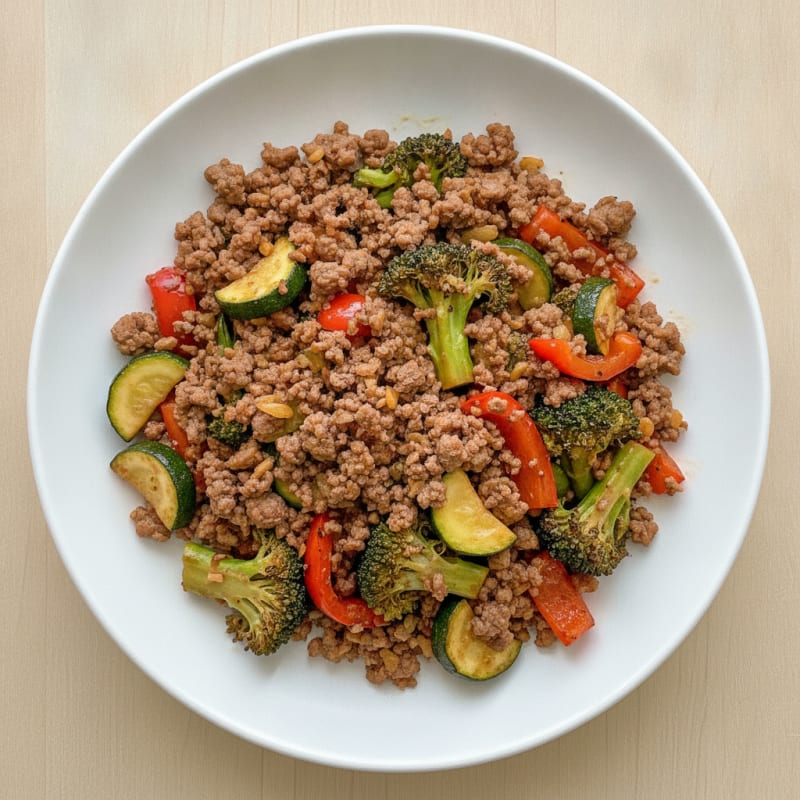 Lean Ground Beef and Roasted Vegetable Stir Fry
