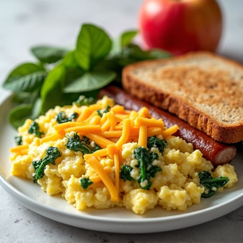 Egg White and Spinach Scramble with Turkey Sausage and Whole Grain Toast