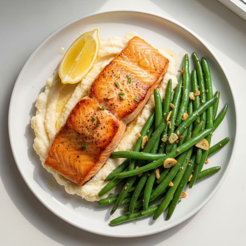 Seared Salmon with Garlic Green Beans and Cauliflower Mash