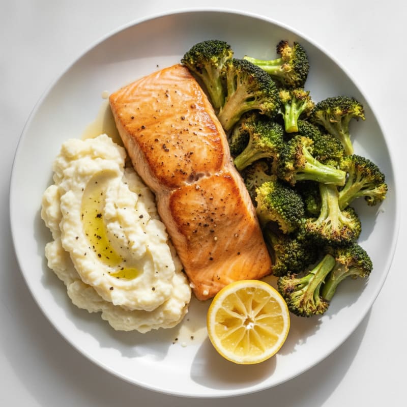 Seared Salmon with Roasted Broccoli and Garlic Mashed Cauliflower