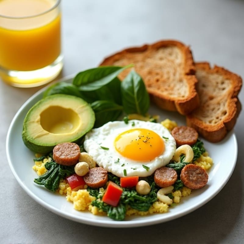 Egg White and Turkey Sausage Scramble with Spinach and Cottage Cheese