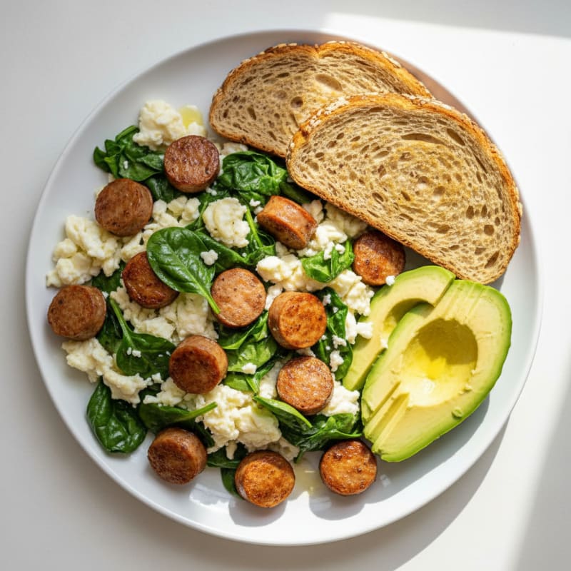 Crispy Turkey Sausage and Egg White Scramble with Spinach