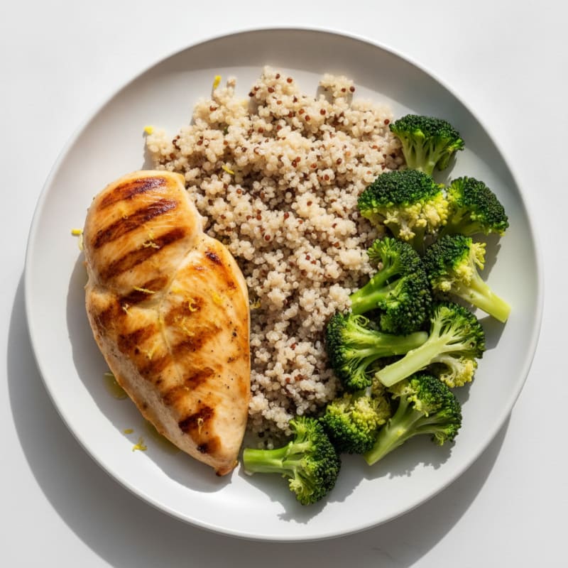 Grilled Chicken Breast with Steamed Broccoli and Quinoa