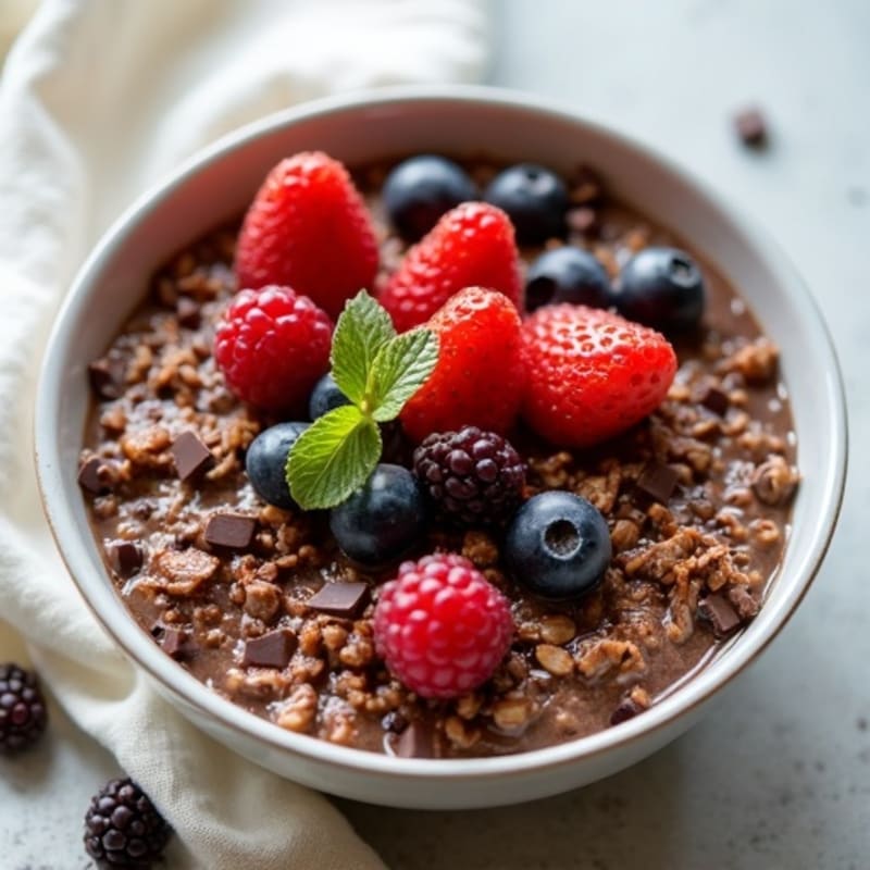 Fudgy Dark Chocolate Protein Oats with Berries and Almond Butter