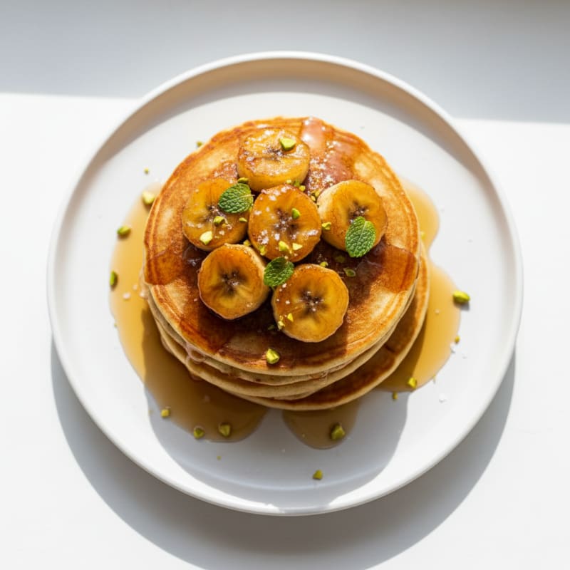 Golden Caramelized Banana Pancakes with Maple Syrup