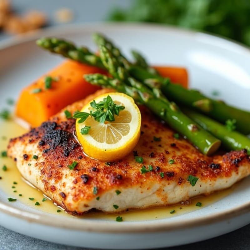 Crispy Lemon-Herb Chicken with Roasted Asparagus and Sweet Potato