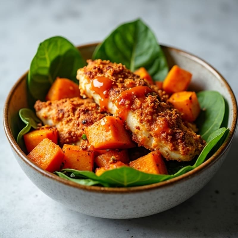 Crispy Buffalo Chicken Bowl with Roasted Sweet Potatoes and Fresh Greens