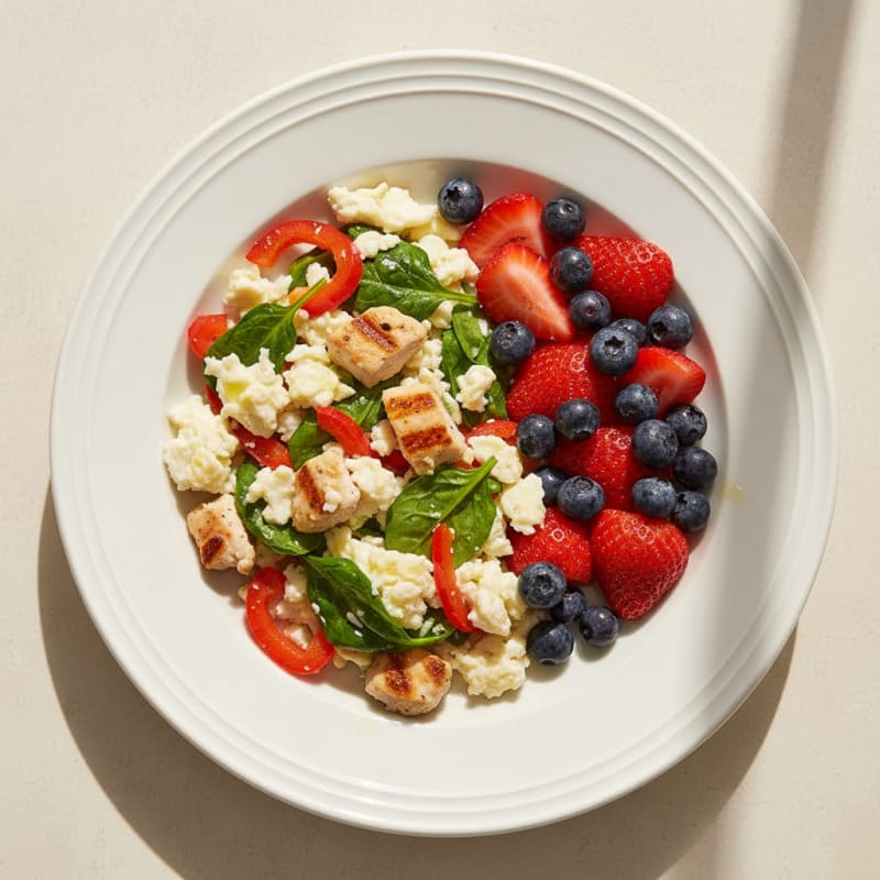 Egg White Vegetable Scramble with Grilled Chicken and Fresh Berries